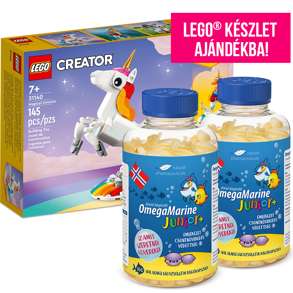 Natural Pharmaceuticals OmegaMarine Két nagy csomag OmegaMarine Junior étrend-kiegészítő és egy egyszarvúval díszített Lego építőjáték ajándékba.