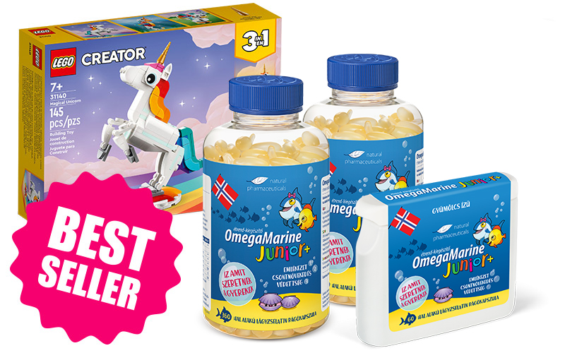 Natural Pharmaceuticals OmegaMarine Junior Két nagy csomag OmegaMarine Junior, egy kicsi és egy LEGO készlet ajándékba.