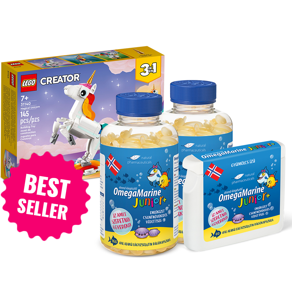 Natural Pharmaceuticals OmegaMarine Junior Két nagy csomag OmegaMarine Junior és egy kicsi, plusz Lego építőelemek ajándékba.