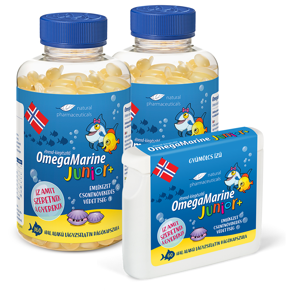 Natural Pharmaceuticals OmegaMarine Két nagy csomag OmegaMarine Junior és egy kicsi.