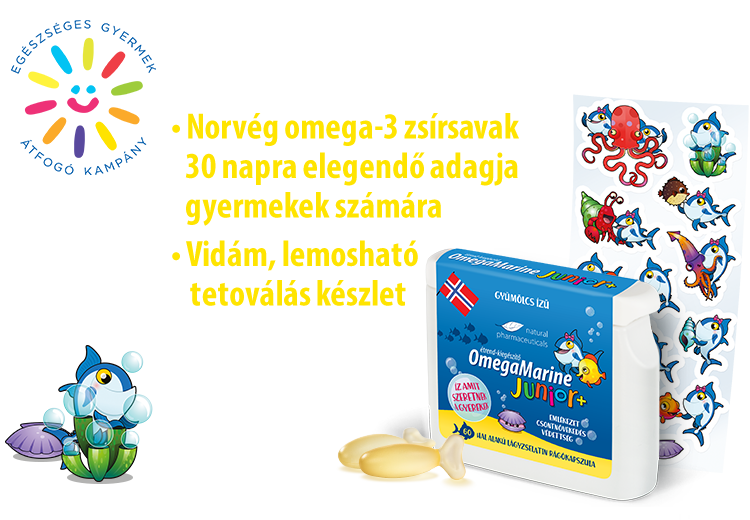 Natural Pharmaceuticals OmegaMarine Junior OmegaMarine Junior+ készlet gyermekek számára. A készlet 30 napra elegendő norvég omega-3 zsírsavat tartalmaz gyümölcsízű rágókapszulákban, valamint egy színes, lemosható tetoválásokat tartalmazó lapot. A bal oldalon az „Egészséges Gyermek Átfogó Kampány” kampánylogó látható, mellette egy mosolygó napszimbólummal. A szöveg ingyenes készlet megrendelésére buzdít.