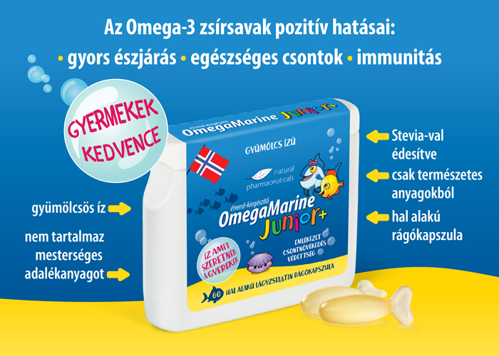 Natural Pharmaceuticals OmegaMarine Junior A gyermekek étrend-kiegészítője OmegaMarine Junior+. A halmotívumos csomag 60 gyümölcsös, hal alakú rágókapszulát tartalmaz. Kiemelt előnyei: memória támogatás, csontok egészsége és immunitás. A termék sztíviával édesített, kizárólag természetes összetevőket tartalmaz, és nem tartalmaz mesterséges adalékanyagokat. Oldalán a »GYERMEKEK KEDVENCE« felirat olvasható.