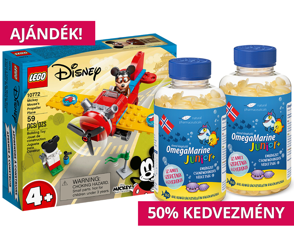 Natural Pharmaceuticals OmegaMarine Junior OmegaMarine Junior+ étrend-kiegészítő gyermekek számára. Bal oldalon a LEGO Disney készlet csomagolása látható Mickey egér repülőgépével (felirat: AJÁNDÉK!). Jobbra - két nagy, hal alakú kapszulás tégely. A grafika alján egy rózsaszín csík látható, rajta a »50% KEDVEZMÉNY« felirattal.